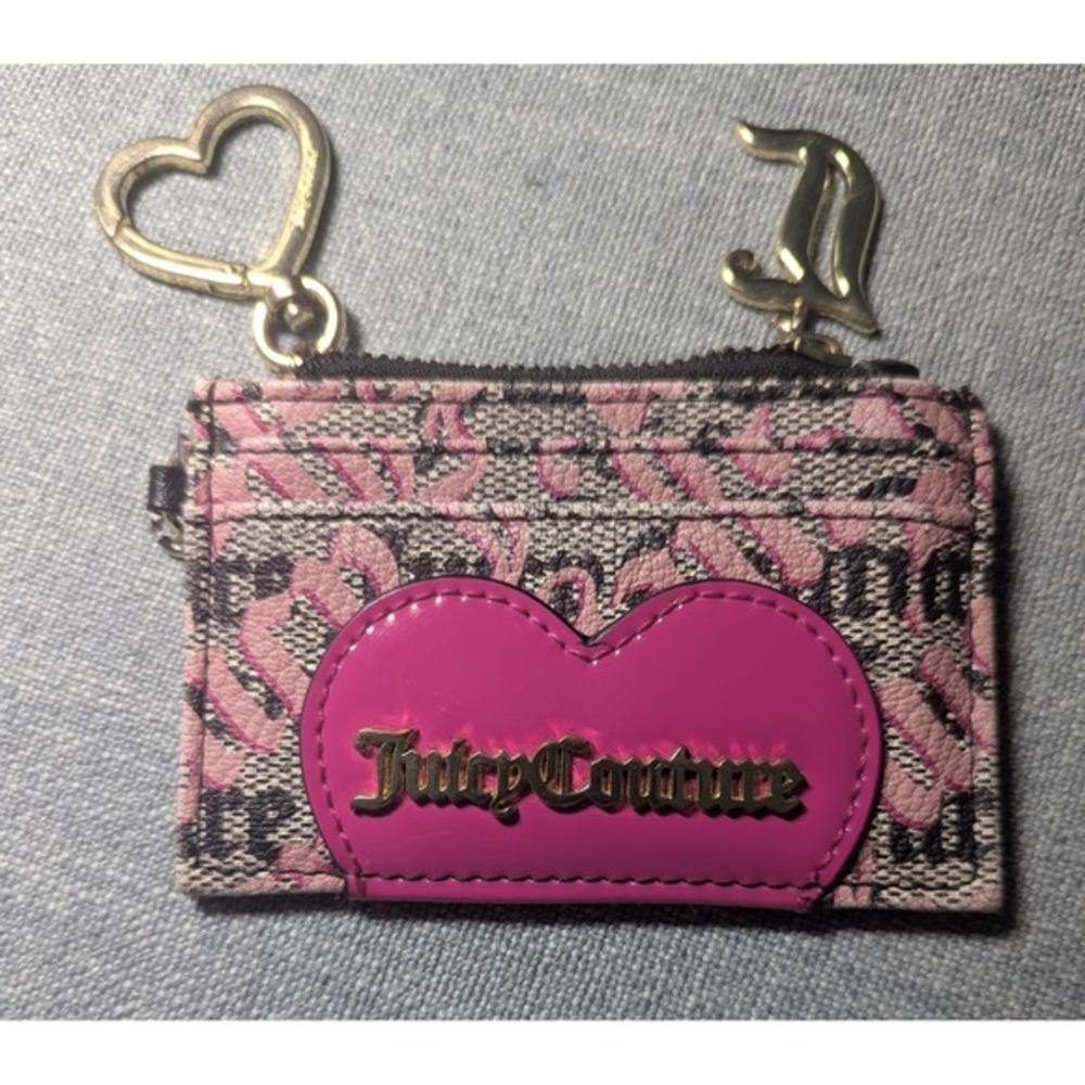 Juicy Couture Card Case Pink Monogram Heart Charm‎ Keychain Wallet Y2K